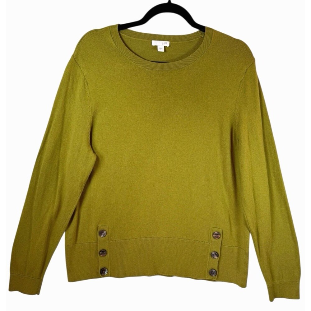 J Jill Sweater Womens L Pea Green Button Split Hem Crew Neck Office‎ Career